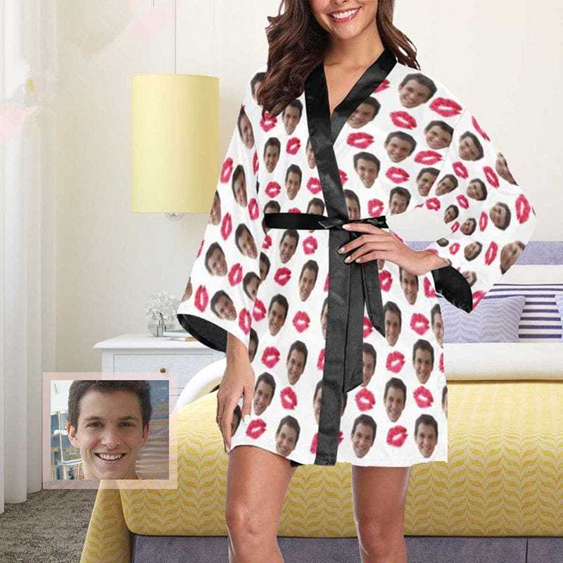 FacePajamas Pajama Custom Husband Face Red Lips Women's Summer Short Pajamas Funny Personalized Photo Pajamas Kimono Robe