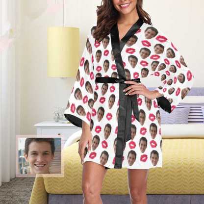 FacePajamas Pajama Custom Husband Face Red Lips Women's Summer Short Pajamas Funny Personalized Photo Pajamas Kimono Robe