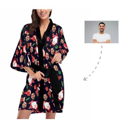 FacePajamas Pajama Custom Husband Face Santa Claus Women's Short Pajamas Funny Personalized Photo Pajamas Kimono Robe