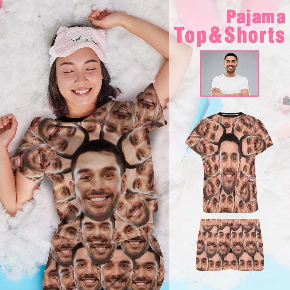 FacePajamas Pajama Shirt&Pants Custom Husband Face Seamless Sleepwear Personalized Photo Women's Pajama T-Shirt&Shorts&Pants Free Match