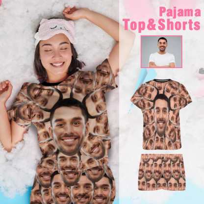 FacePajamas Pajama Shirt&Pants Custom Husband Face Seamless Sleepwear Personalized Photo Women's Pajama T-Shirt&Shorts&Pants Free Match