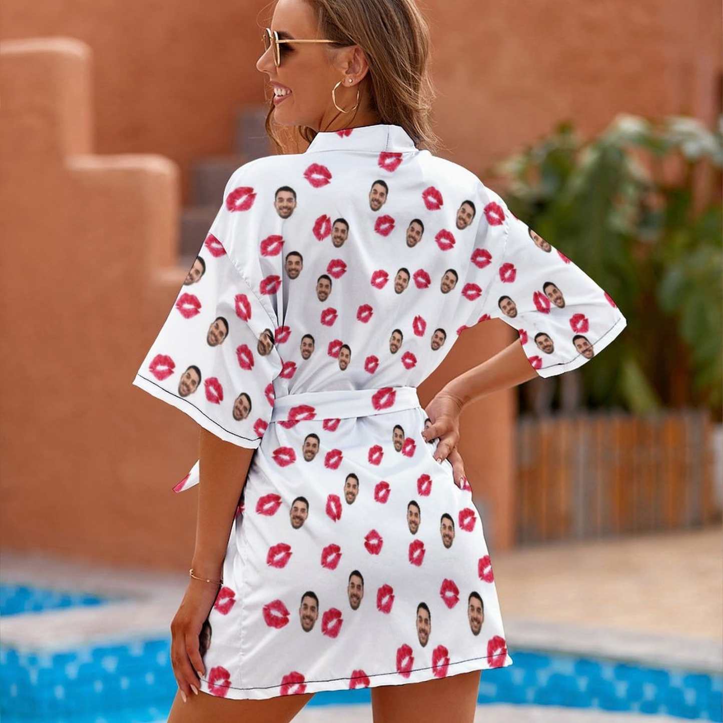 FacePajamas Pajama-2YX-SDS Custom Husband Face Sexy Red Lips Women's Summer Short Nightwear Personalized Photo Pajamas Kimono Robe