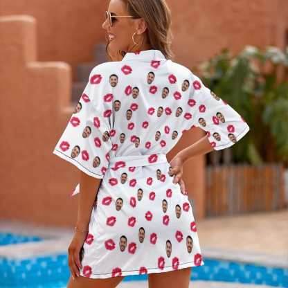 FacePajamas Pajama-2YX-SDS Custom Husband Face Sexy Red Lips Women's Summer Short Nightwear Personalized Photo Pajamas Kimono Robe