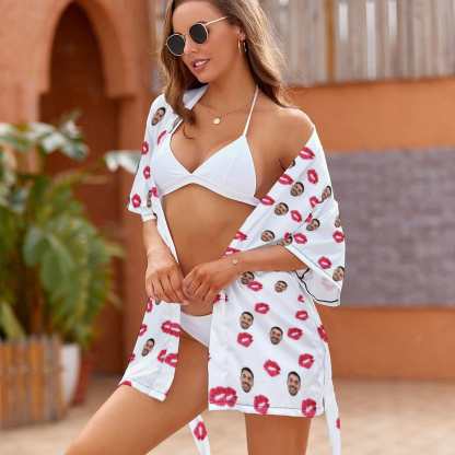 FacePajamas Pajama-2YX-SDS Custom Husband Face Sexy Red Lips Women's Summer Short Nightwear Personalized Photo Pajamas Kimono Robe