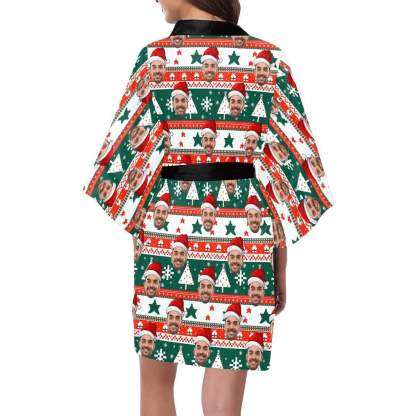 FacePajamas Pajama Custom Husband Face Stripes Christmas Tree Women's Summer Short Pajamas Funny Personalized Photo Pajamas Kimono Robe