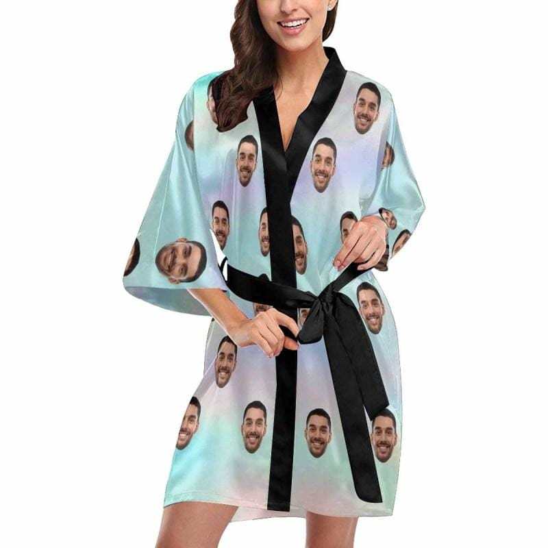 FacePajamas Pajama Custom Husband Face Tie-dye Ice Cream Color Women's Summer Short Nightwear Personalized Photo Pajamas Kimono Robe