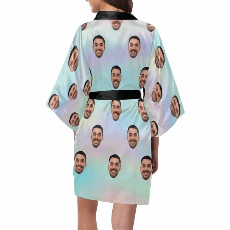 FacePajamas Pajama Custom Husband Face Tie-dye Ice Cream Color Women's Summer Short Nightwear Personalized Photo Pajamas Kimono Robe