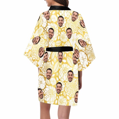 FacePajamas Pajama Custom Husband Face Yellow Flower Women's Summer Short Pajamas Funny Personalized Photo Pajamas Kimono Robe