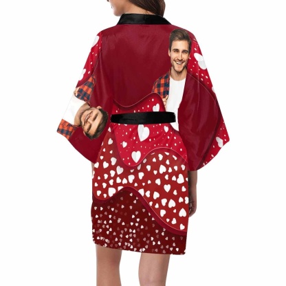 FacePajamas Pajama Custom Husband Photo Light Red Women's Summer Short Pajamas Funny Personalized Photo Pajamas Kimono Robe