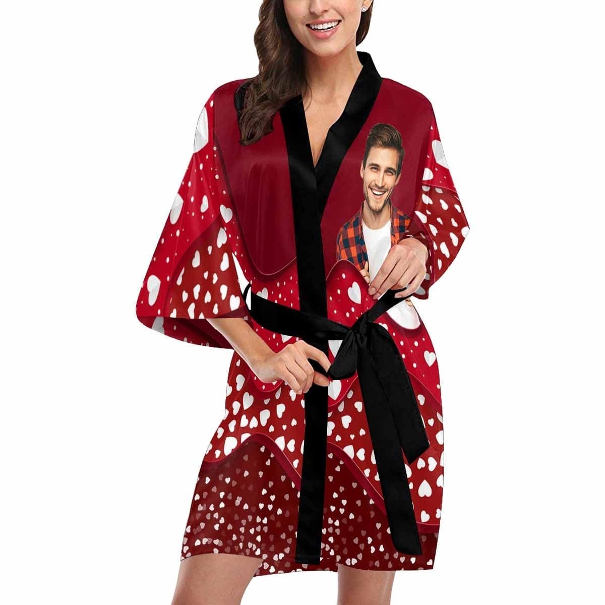FacePajamas Pajama Custom Husband Photo Light Red Women's Summer Short Pajamas Funny Personalized Photo Pajamas Kimono Robe