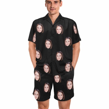 FacePajamas Pajama Custom Lover Face Pajamas for Him Summer Loungewear Personalized Men's V-Neck Short Sleeve Pajama Set