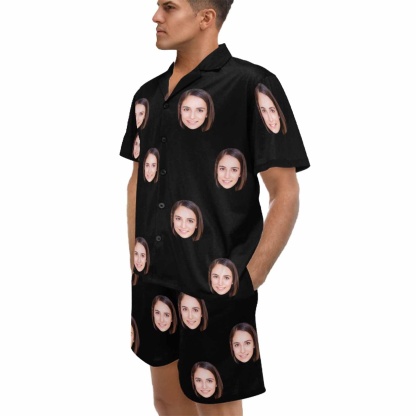 FacePajamas Pajama Custom Lover Face Pajamas for Him Summer Loungewear Personalized Men's V-Neck Short Sleeve Pajama Set