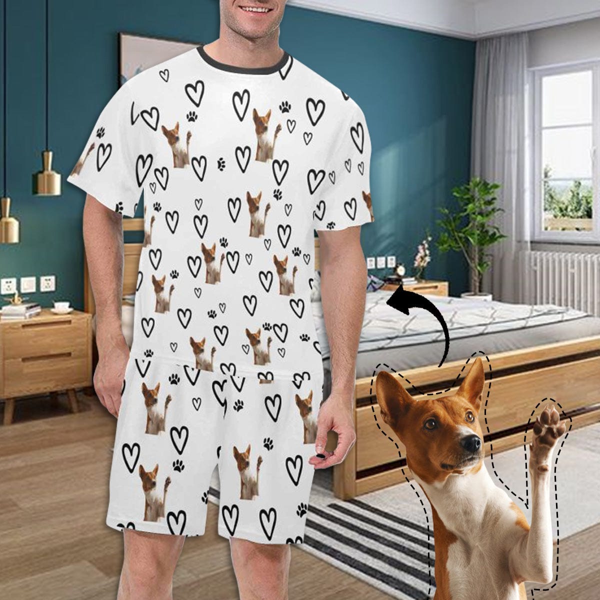 FacePajamas Custom Men's Short Crew Neck Pajama Set Personalized White Love Valentine's Day Sleepwear with My Special Sweetheart