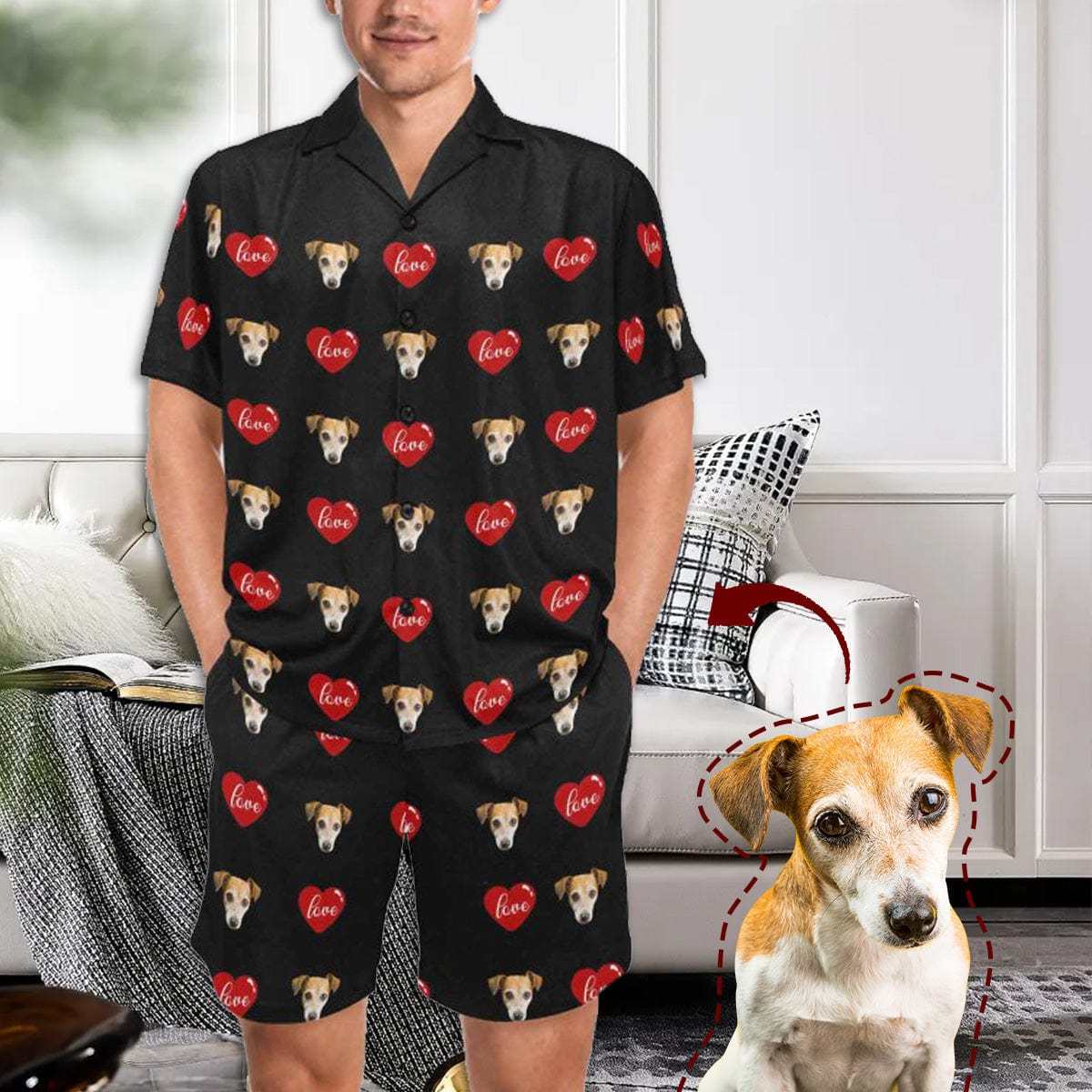 FacePajamas Pet Pajama Custom Men's Short V-Neck Pajama Set Personalized Red Love Valentine's Day Sleepwear with My Special Sweetheart