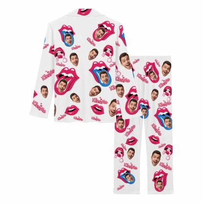 FacePajamas Pajama Custom My Boyfriend Face Pajamas Kiss Me Rosy Lips Funny Mouth Sleepwear Personalized Women's Long Pajama Set