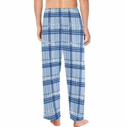 FacePajamas Pajama Shirt&Pants Custom Name Black&Blue Lattice Sleepwear Personalized Men's Slumber Party Long Pajama Pants