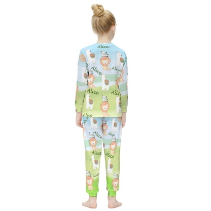 FacePajamas Pajama Custom Name Cartoon Animals Little Lion Kids Long Sleeve Pajamas Set