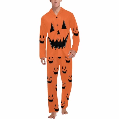 FacePajamas Custom Name Couple Pajamas Personalized Halloween Theme Custom Image Couple Matching V-Neck Long Sleeves Pajama Set