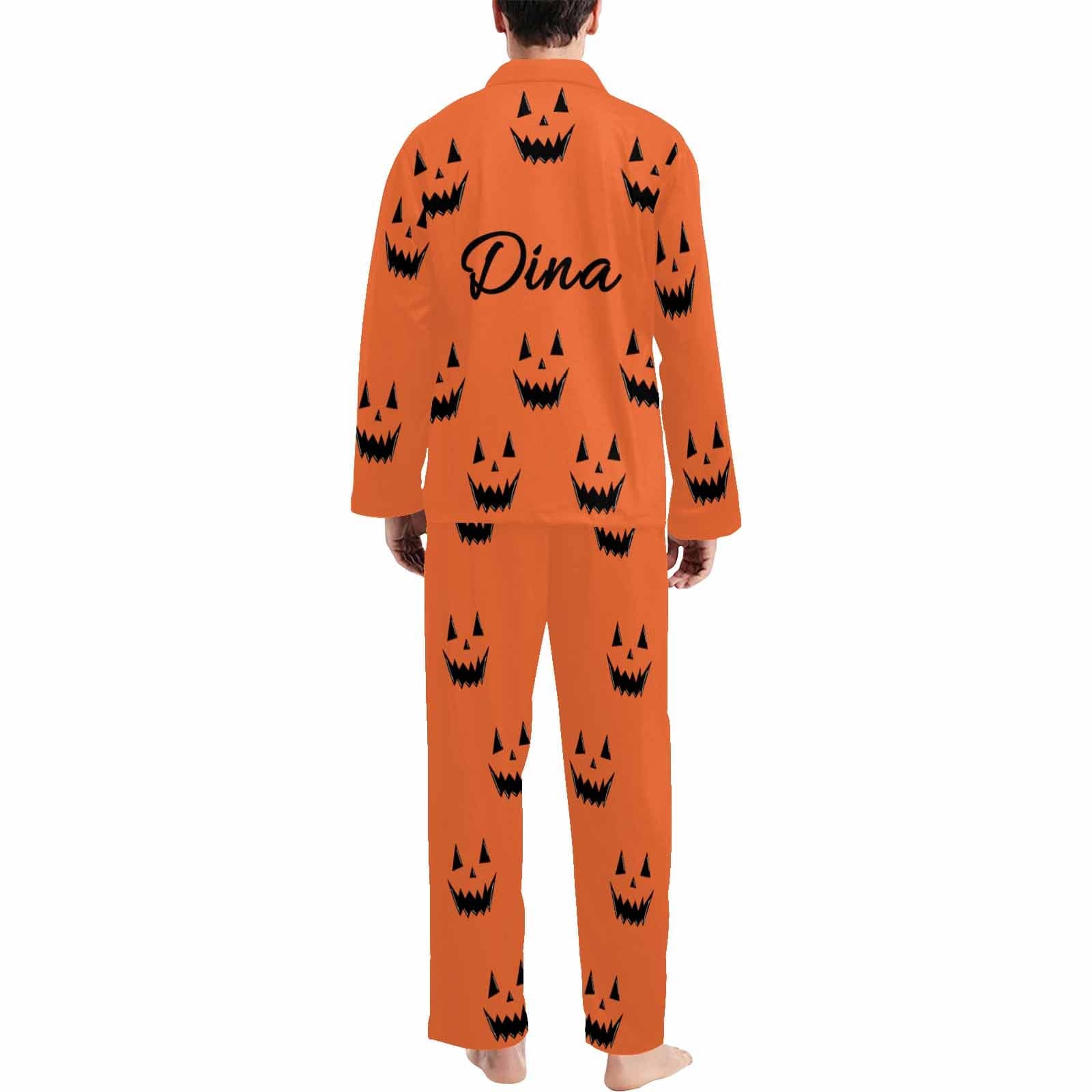 FacePajamas Custom Name Couple Pajamas Personalized Halloween Theme Custom Image Couple Matching V-Neck Long Sleeves Pajama Set