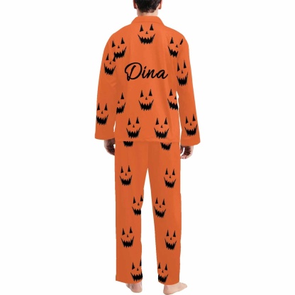 FacePajamas Custom Name Couple Pajamas Personalized Halloween Theme Custom Image Couple Matching V-Neck Long Sleeves Pajama Set