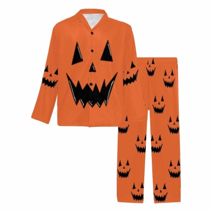 FacePajamas Custom Name Couple Pajamas Personalized Halloween Theme Custom Image Couple Matching V-Neck Long Sleeves Pajama Set