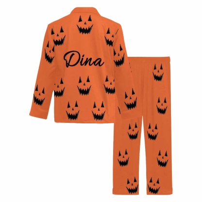 FacePajamas Custom Name Couple Pajamas Personalized Halloween Theme Custom Image Couple Matching V-Neck Long Sleeves Pajama Set