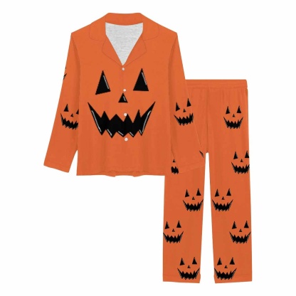 FacePajamas Custom Name Couple Pajamas Personalized Halloween Theme Custom Image Couple Matching V-Neck Long Sleeves Pajama Set