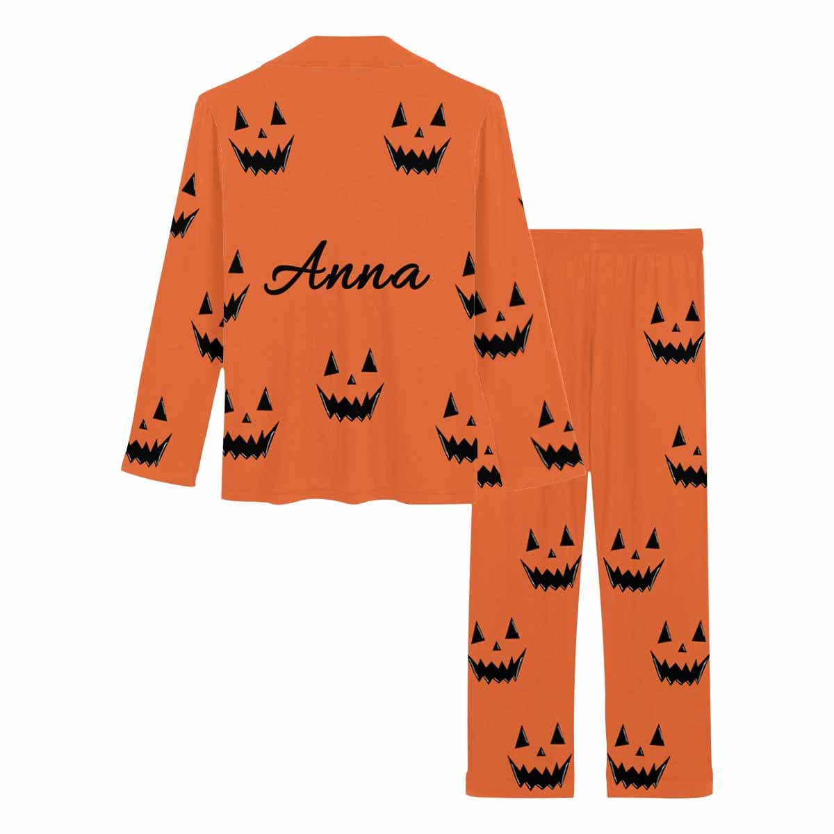 FacePajamas Custom Name Couple Pajamas Personalized Halloween Theme Custom Image Couple Matching V-Neck Long Sleeves Pajama Set