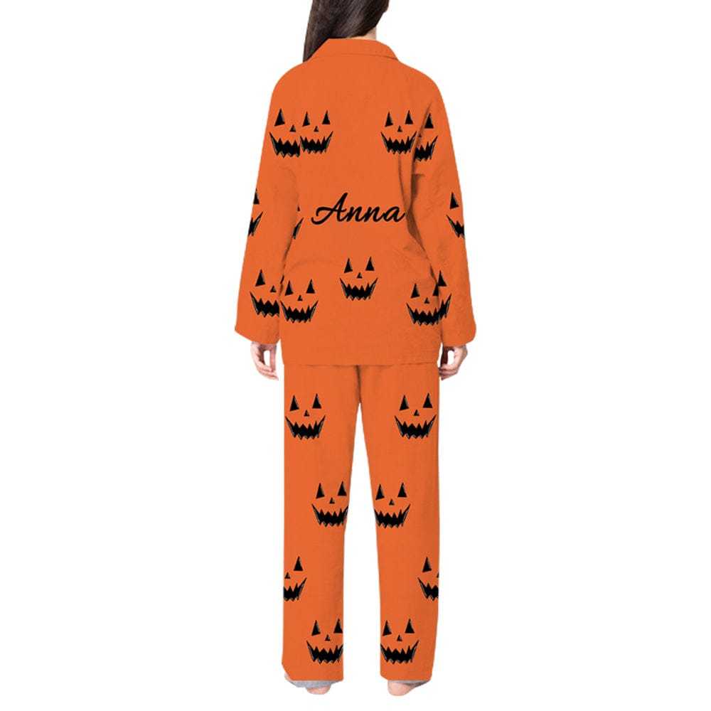 FacePajamas Custom Name Couple Pajamas Personalized Halloween Theme Custom Image Couple Matching V-Neck Long Sleeves Pajama Set
