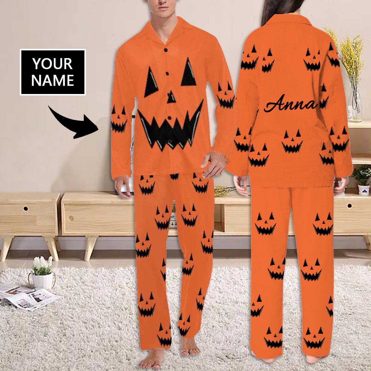 FacePajamas Custom Name Couple Pajamas Personalized Halloween Theme Custom Image Couple Matching V-Neck Long Sleeves Pajama Set