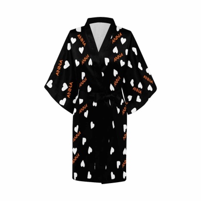 FacePajamas Pajama Custom Name Heart Black Women's Summer Short Pajamas Personalized Pajamas Kimono Robe