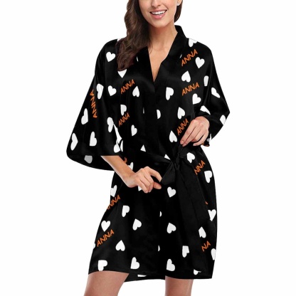 FacePajamas Pajama Custom Name Heart Black Women's Summer Short Pajamas Personalized Pajamas Kimono Robe