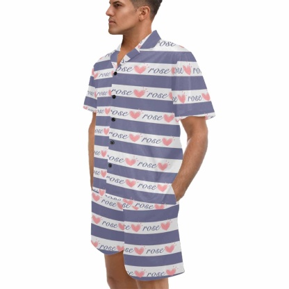 FacePajamas Pajama Custom Name Love Seamless Pajamas for Him Summer Loungewear Personalized Men's V-Neck Short Sleeve Pajama Set