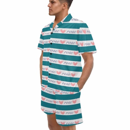 FacePajamas Pajama Custom Name Love Seamless Pajamas for Him Summer Loungewear Personalized Men's V-Neck Short Sleeve Pajama Set