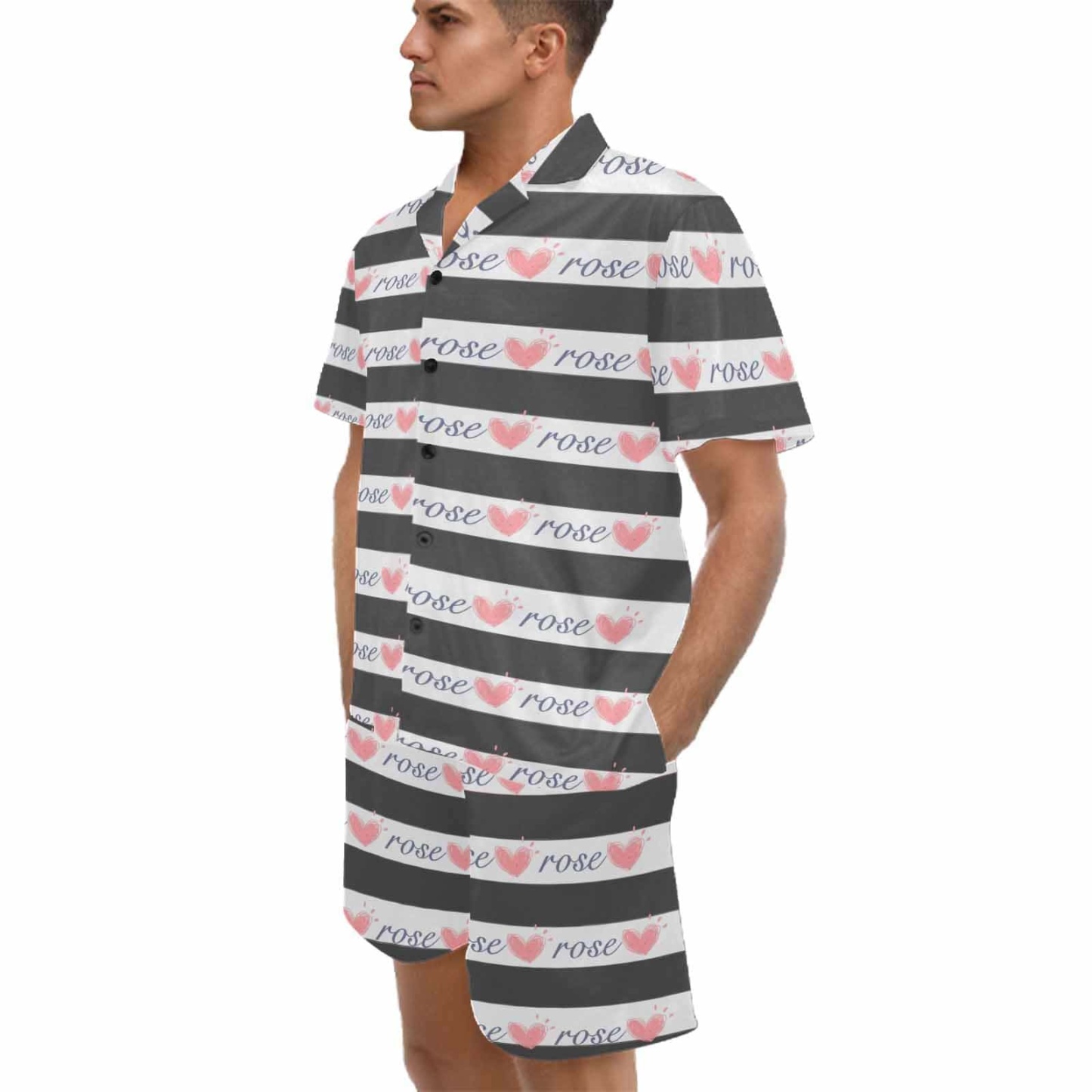 FacePajamas Pajama Custom Name Love Seamless Pajamas for Him Summer Loungewear Personalized Men's V-Neck Short Sleeve Pajama Set