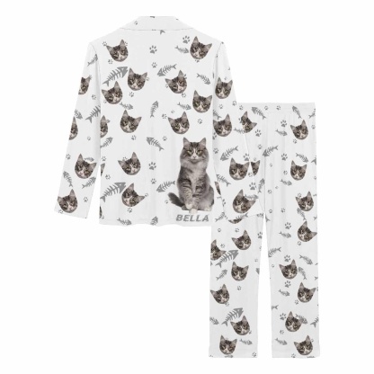 FacePajamas Pajama Custom Name&Photo Pajamas My Pet Cat Paw and Fish Bone Sleepwear Personalized Women's Long Pajama Set