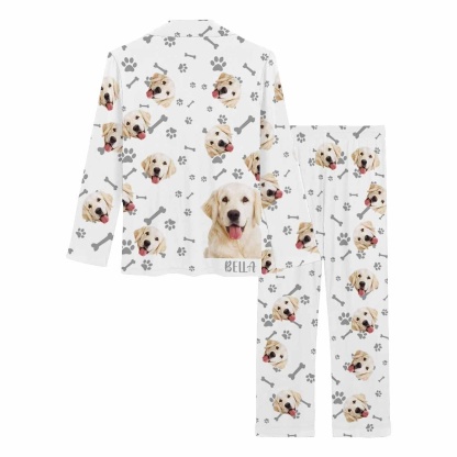 FacePajamas Pajama Custom Name&Photo Pajamas My Pet Cat Paw and Fish Bone Sleepwear Personalized Women's Long Pajama Set