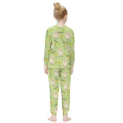 FacePajamas Pajama Custom Name Pjs Alpaca Sleepwear Personalized Green Kids Long Sleeve Pajama Set