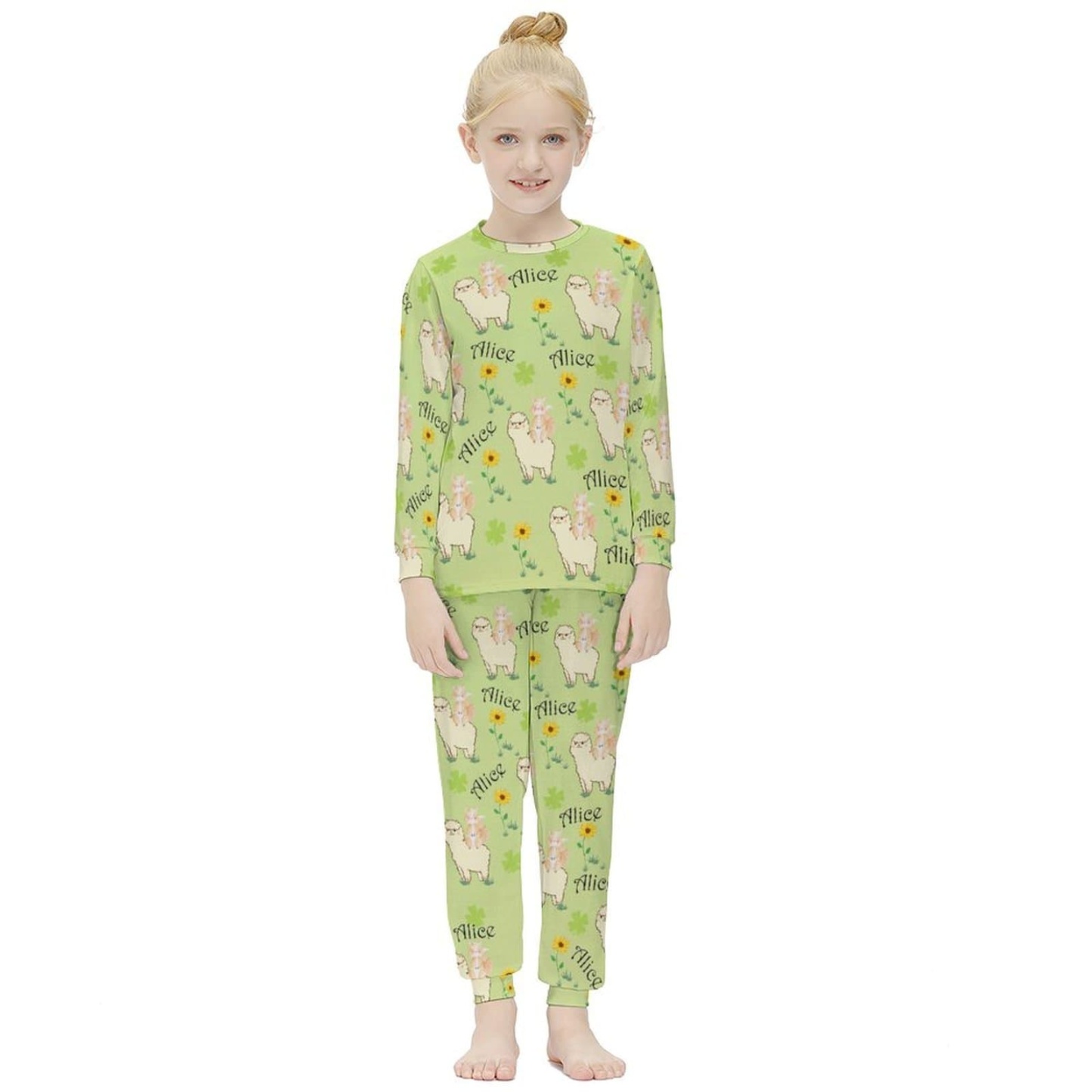 FacePajamas Pajama Custom Name Pjs Alpaca Sleepwear Personalized Green Kids Long Sleeve Pajama Set
