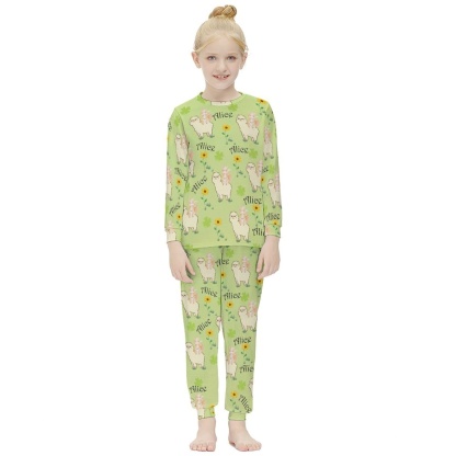FacePajamas Pajama Custom Name Pjs Alpaca Sleepwear Personalized Green Kids Long Sleeve Pajama Set