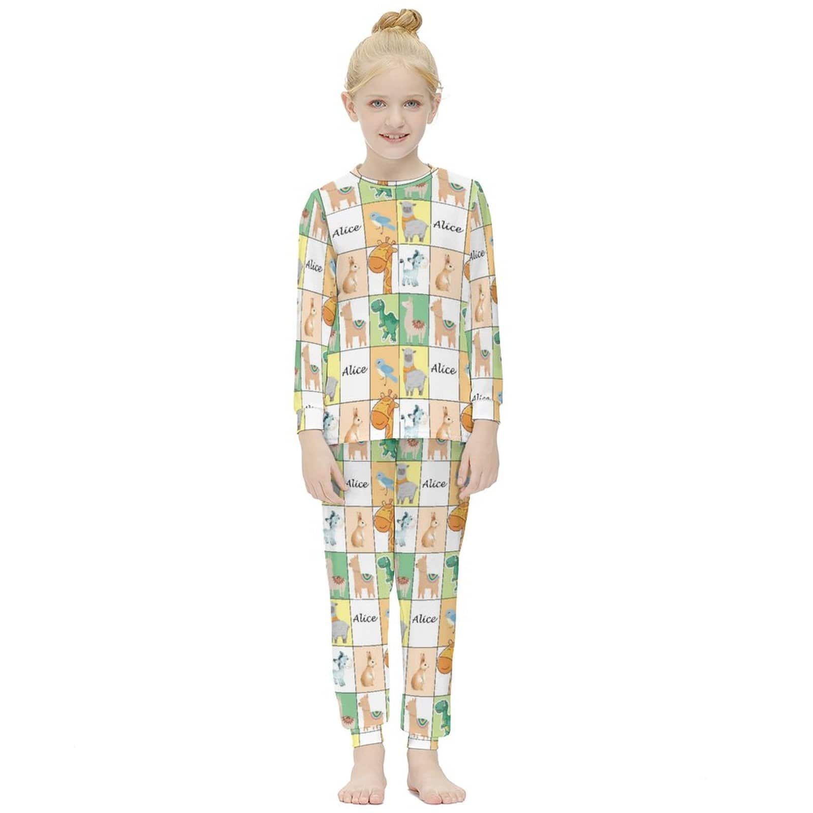 FacePajamas Pajama Custom Name Pjs Cartoon Animals Gird Sleepwear Personalized Kids Long Sleeve Pajama Set