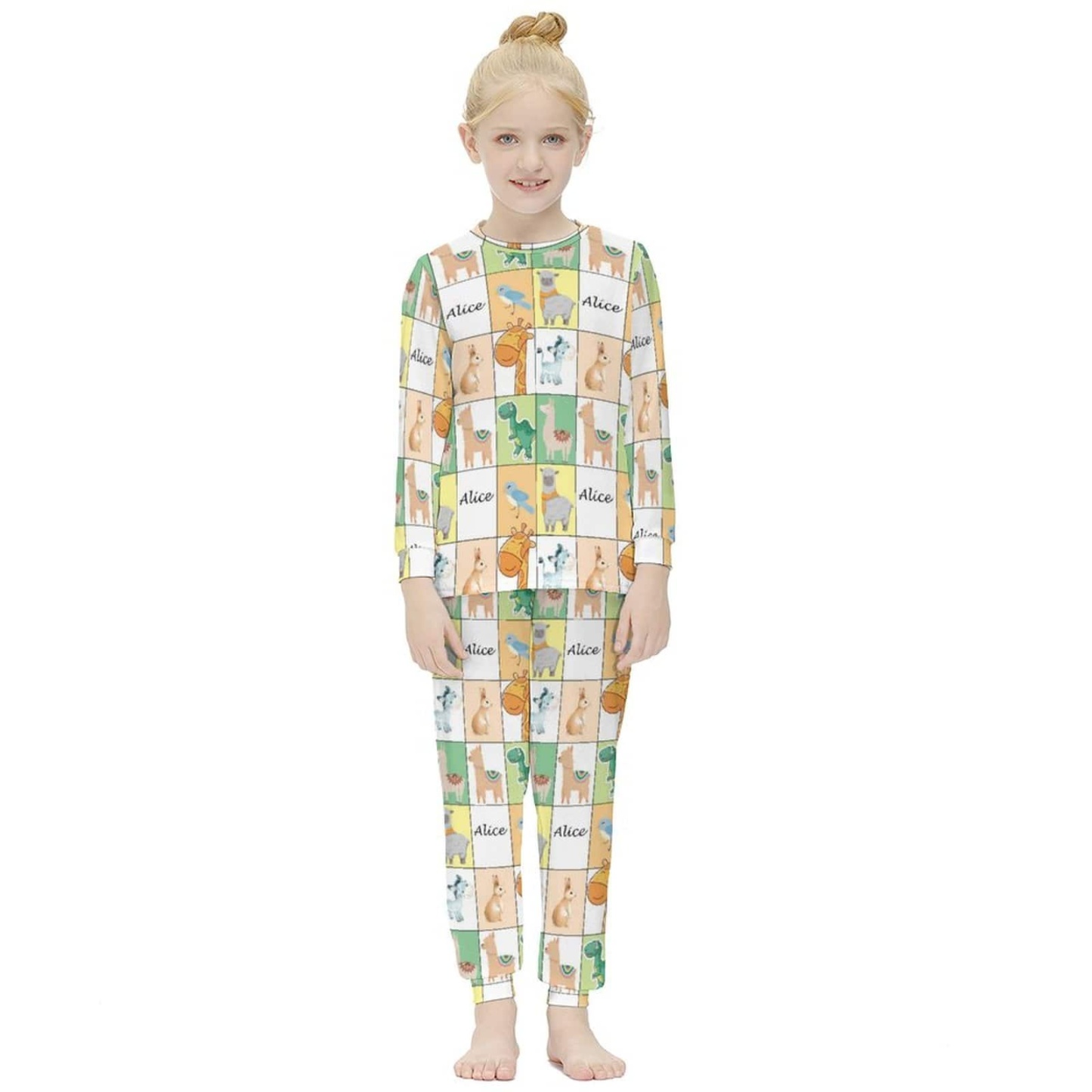 FacePajamas Pajama Custom Name Pjs Cartoon Animals Gird Sleepwear Personalized Kids Long Sleeve Pajama Set