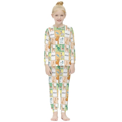 FacePajamas Pajama Custom Name Pjs Cartoon Animals Gird Sleepwear Personalized Kids Long Sleeve Pajama Set