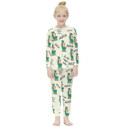 FacePajamas Pajama Custom Name Pjs Cartoon Animals White Nightwear Personalized Kids Long Sleeve Pajamas Set