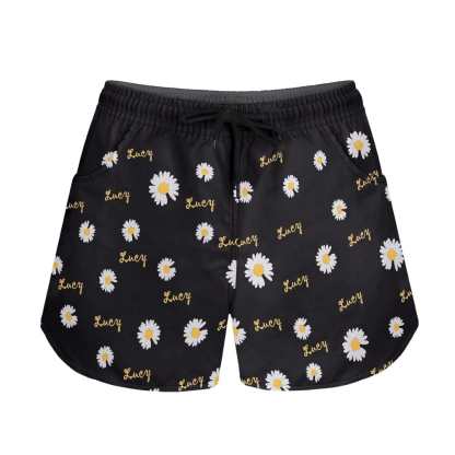 FacePajamas Pajama Pants Custom Name Women's Pajama Shorts Personalized Daisy Sleepwear Shorts