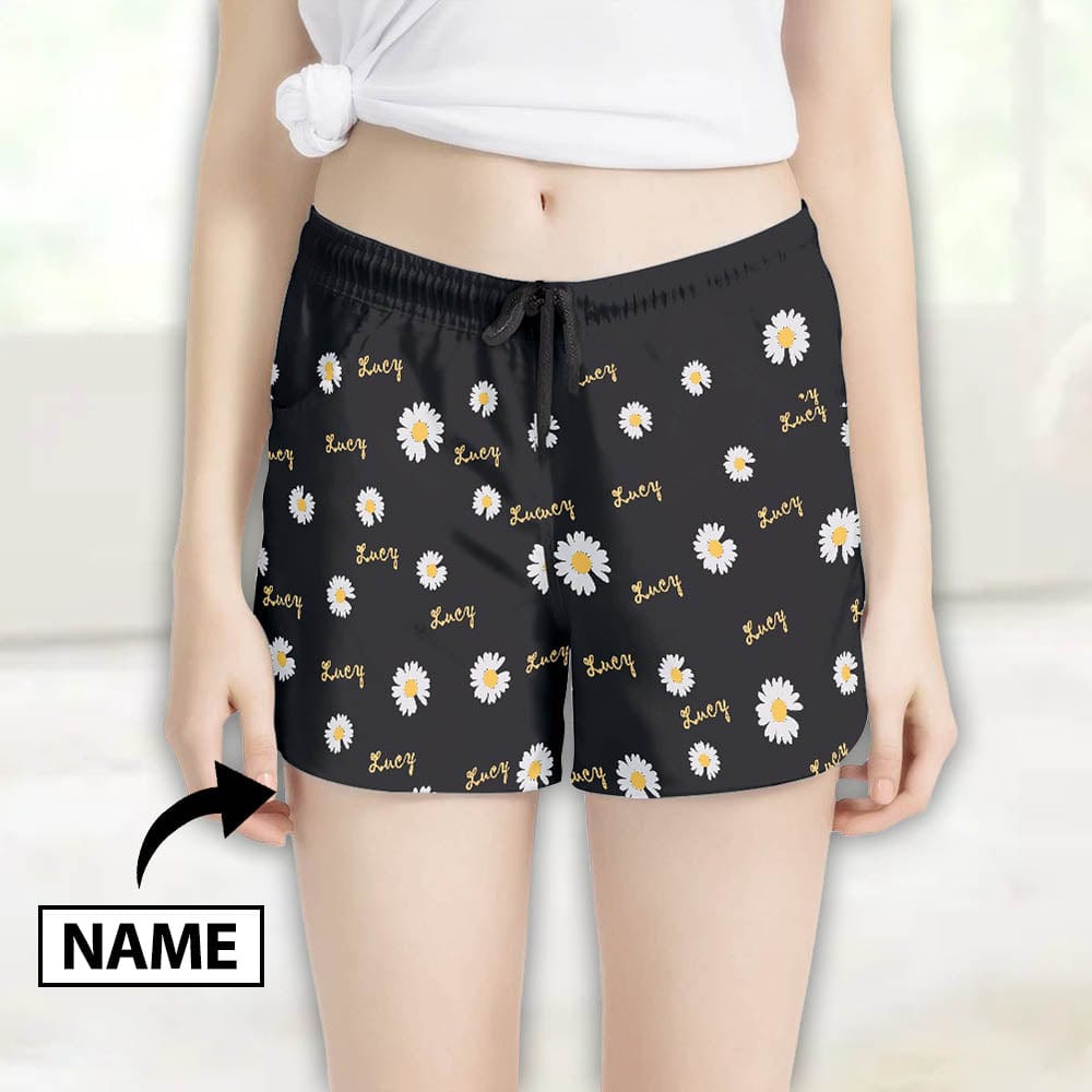 FacePajamas Pajama Pants Custom Name Women's Pajama Shorts Personalized Daisy Sleepwear Shorts