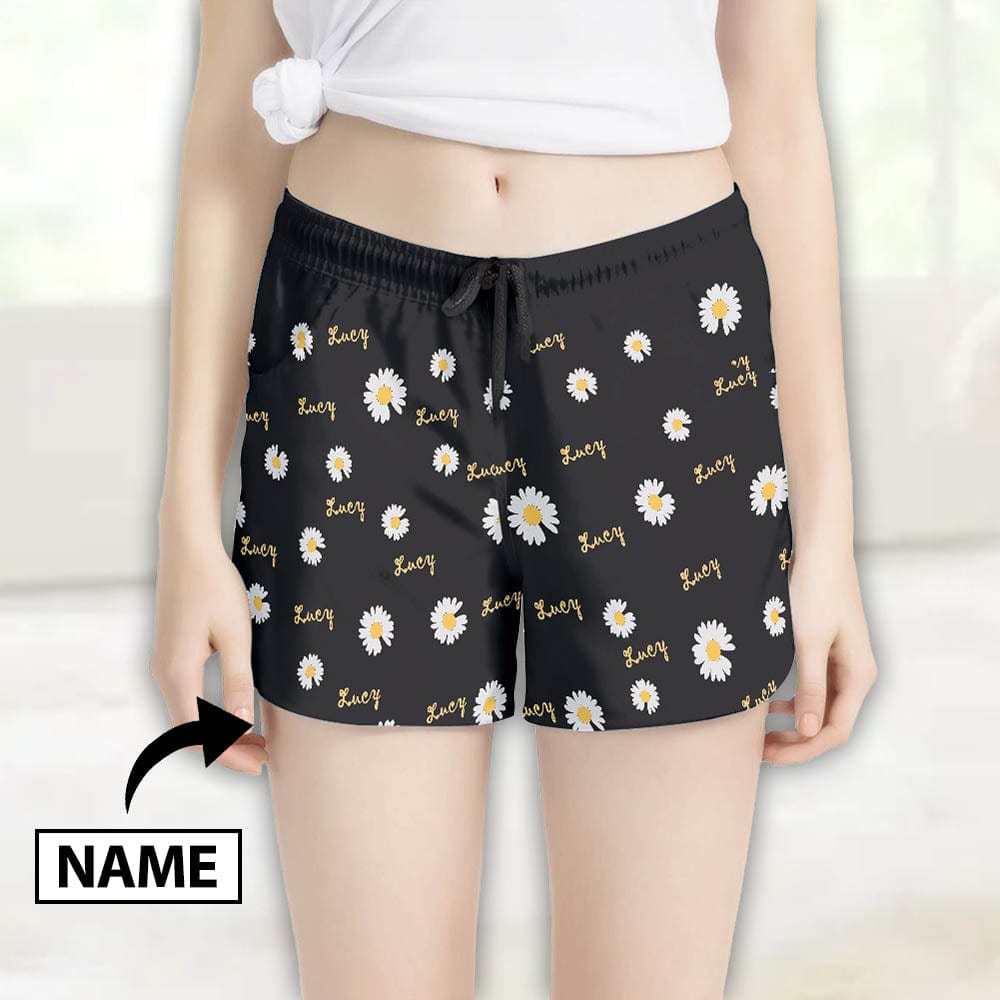 FacePajamas Pajama Pants Custom Name Women's Pajama Shorts Personalized Daisy Sleepwear Shorts