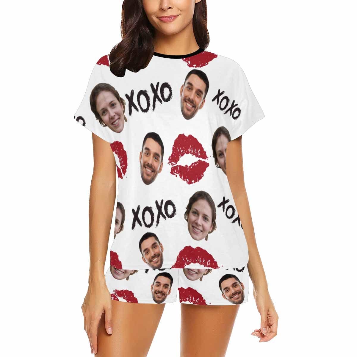 FacePajamas Pajama Custom Pajamas Cute Red Lips Sleepwear Personalized Couple Face Women's Short Pajama Set