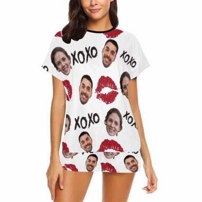 FacePajamas Pajama Custom Pajamas Cute Red Lips Sleepwear Personalized Couple Face Women's Short Pajama Set