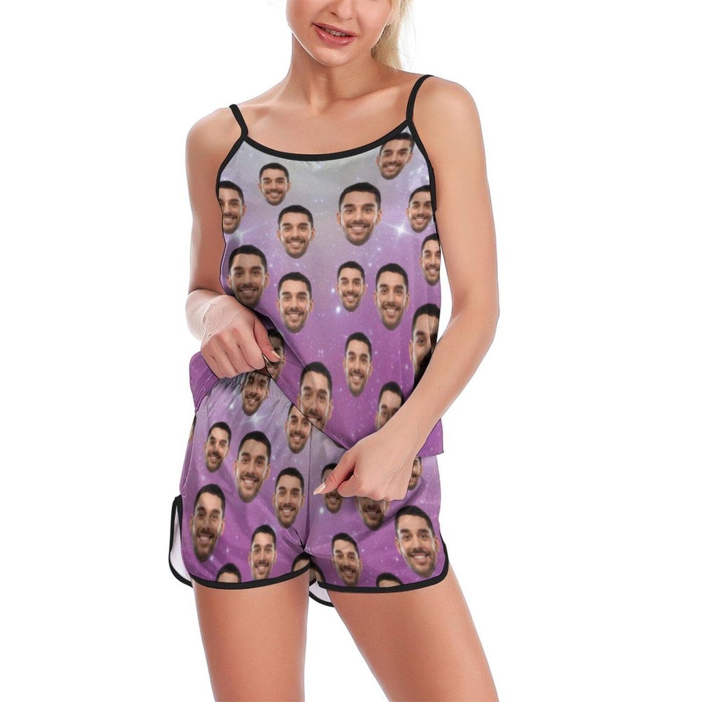 FacePajamas Pajama Custom Pajamas with Face Pink Starry Sky Sleepwear Personalized Women's Sexy Cami Pajama Set